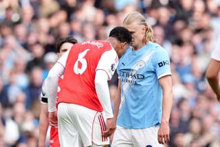 Tempers frayed between Arsenal’s Gabriel (left) and Manchester City’s Erling Haaland at the Etihad Stadium (Martin Rickett/PA)